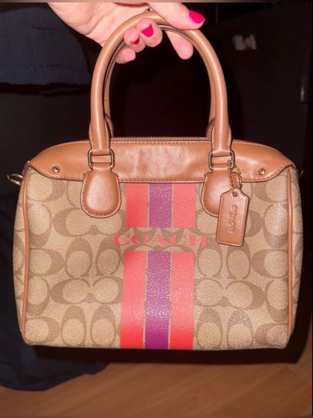 Coach Brown Signature Purse with Red & Pink Center Stripes - Picture 8 of 8